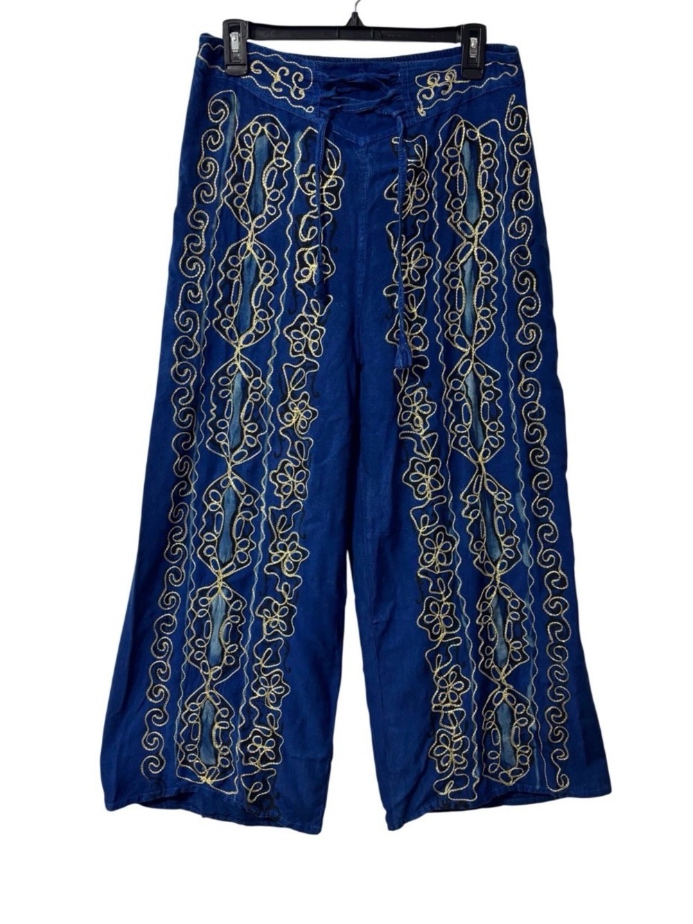 Ashley Taylor Blue Embroidered Wide Leg Pants Lace Up Boho Culottes One Size NWT